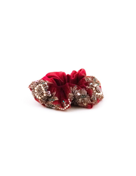 Chouchou Velours Rouge Brodé - [Chouchous Couture] fabriqué à la main en France.