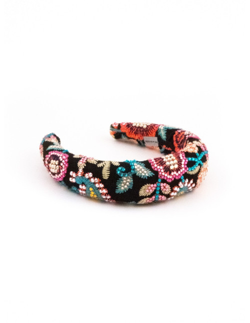 Serre-tête Fleurs Multicolores Noir - [Serre-têtes Couture] fabriqué à la main en France.