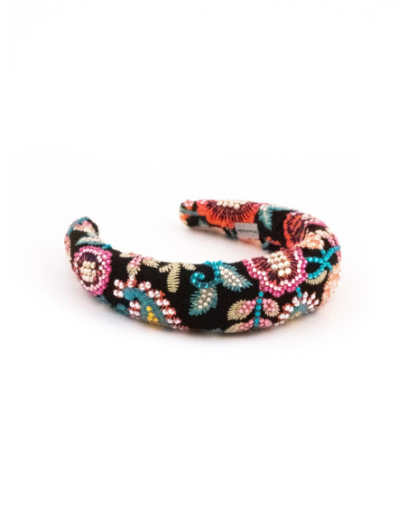 Serre-tête Fleurs Multicolores Noir - [Serre-têtes Couture] fabriqué à la main en France.