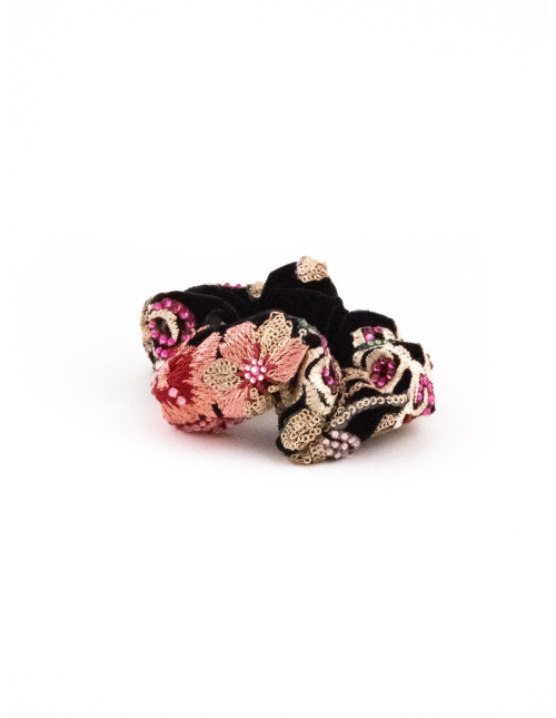 Chouchou Roses Velours Noir - [Chouchous Couture] fabriqué à la main en France.