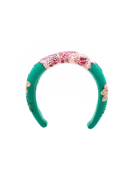 Serre-tête Émeraude & Roses - [Serre-têtes Couture] fabriqué à la main en France.
