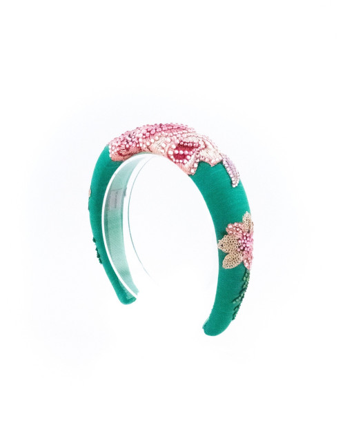 Serre-tête Émeraude & Roses - [Serre-têtes Couture] fabriqué à la main en France.
