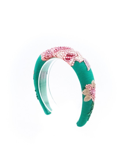 Serre-tête Émeraude & Roses - [Serre-têtes Couture] fabriqué à la main en France.