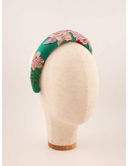 Serre-tête Émeraude & Roses - [Serre-têtes Couture] fabriqué à la main en France.