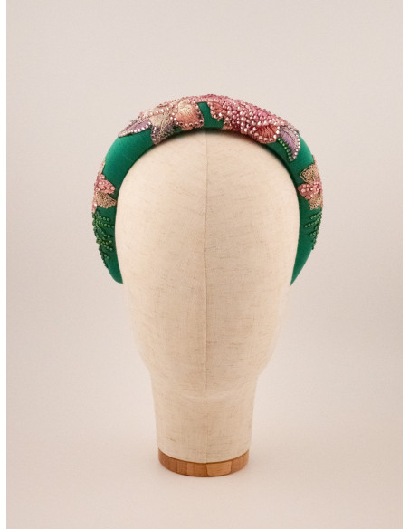 Serre-tête Émeraude & Roses - [Serre-têtes Couture] fabriqué à la main en France.