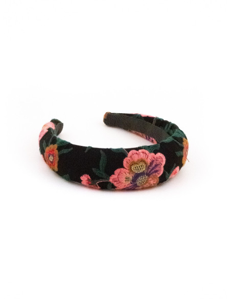 Serre-tête Velours Fleuri Noir - [Serre-têtes Couture] fabriqué à la main en France.