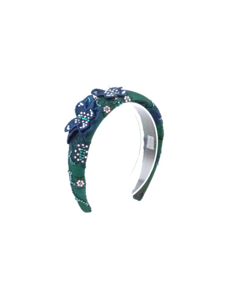 Serre-tête Noeud Fleurs Vertes - [Serre-têtes Couture] fabriqué à la main en France.