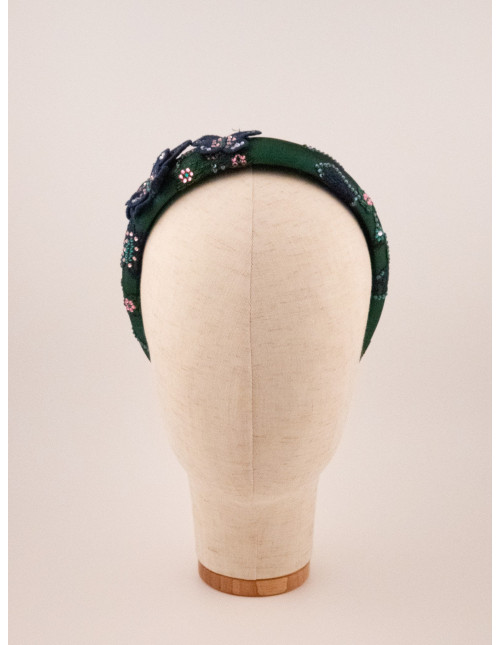 Serre-tête Noeud Fleurs Vertes - [Serre-têtes Couture] fabriqué à la main en France.