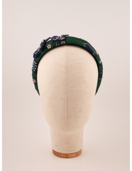 Serre-tête Noeud Fleurs Vertes - [Serre-têtes Couture] fabriqué à la main en France.