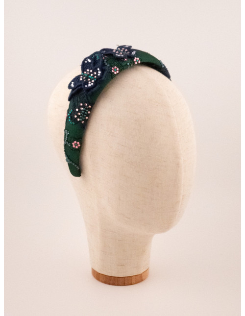 Serre-tête Noeud Fleurs Vertes - [Serre-têtes Couture] fabriqué à la main en France.