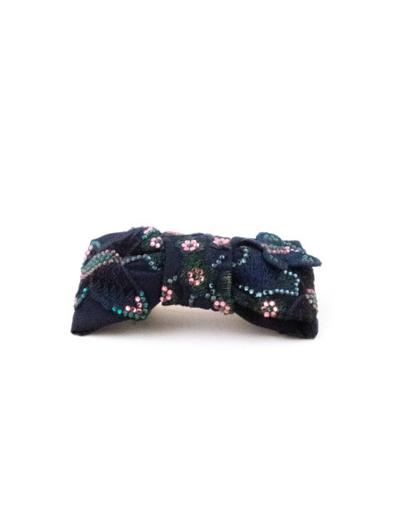 Barrette Fleurs Brodées Marine - [Barrettes Couture] fabriqué à la main en France.