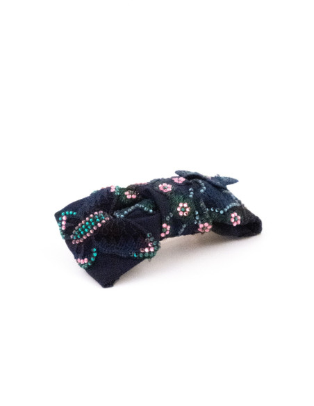 Barrette Fleurs Brodées Marine - [Barrettes Couture] fabriqué à la main en France.