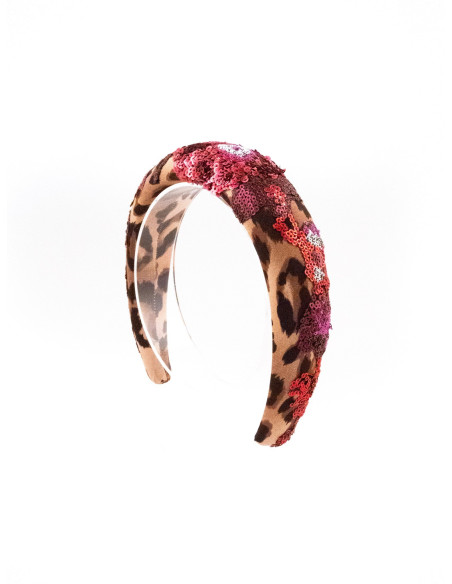 Serre-tête Léopard Fleuri Rose - [Serre-têtes Couture] fabriqué à la main en France.