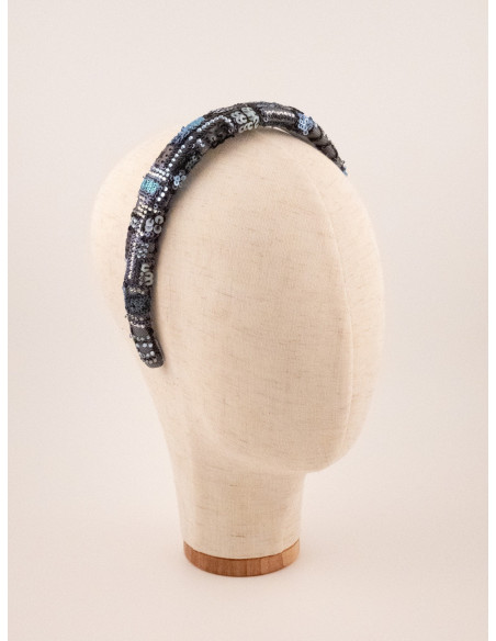 Serre-tête Perles Bleu Gris - [Serre-têtes Couture] fabriqué à la main en France.
