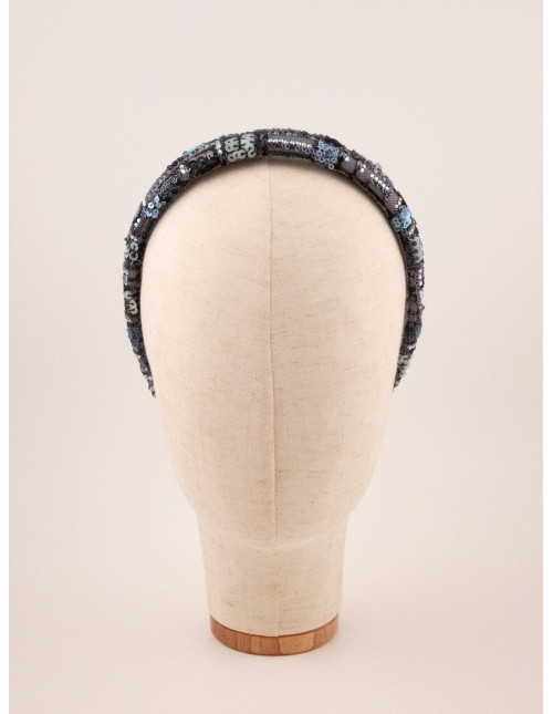 Serre-tête Perles Bleu Gris - [Serre-têtes Couture] fabriqué à la main en France.
