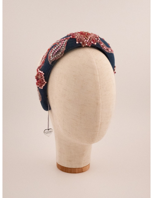 Serre-tête Arabesques Rose & Marine - [Serre-têtes Couture] fabriqué à la main en France.