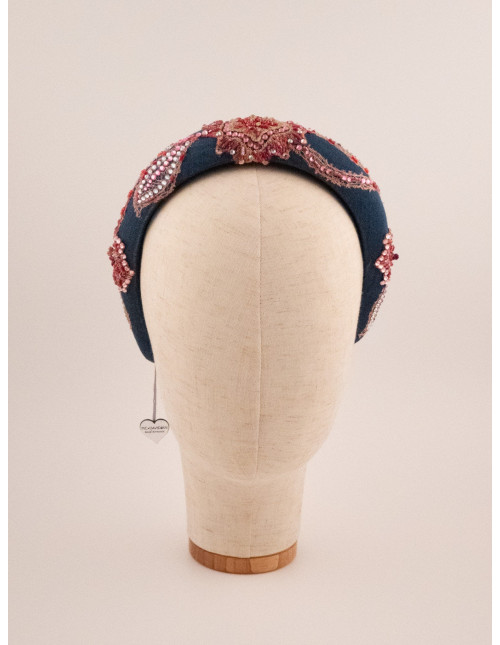 Serre-tête Arabesques Rose & Marine - [Serre-têtes Couture] fabriqué à la main en France.