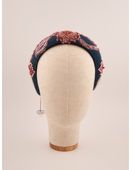 Serre-tête Arabesques Rose & Marine - [Serre-têtes Couture] fabriqué à la main en France.
